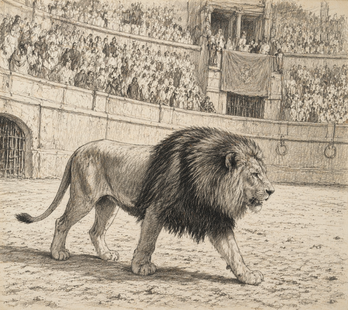 Historical illustration of Barbary lion in Roman arena