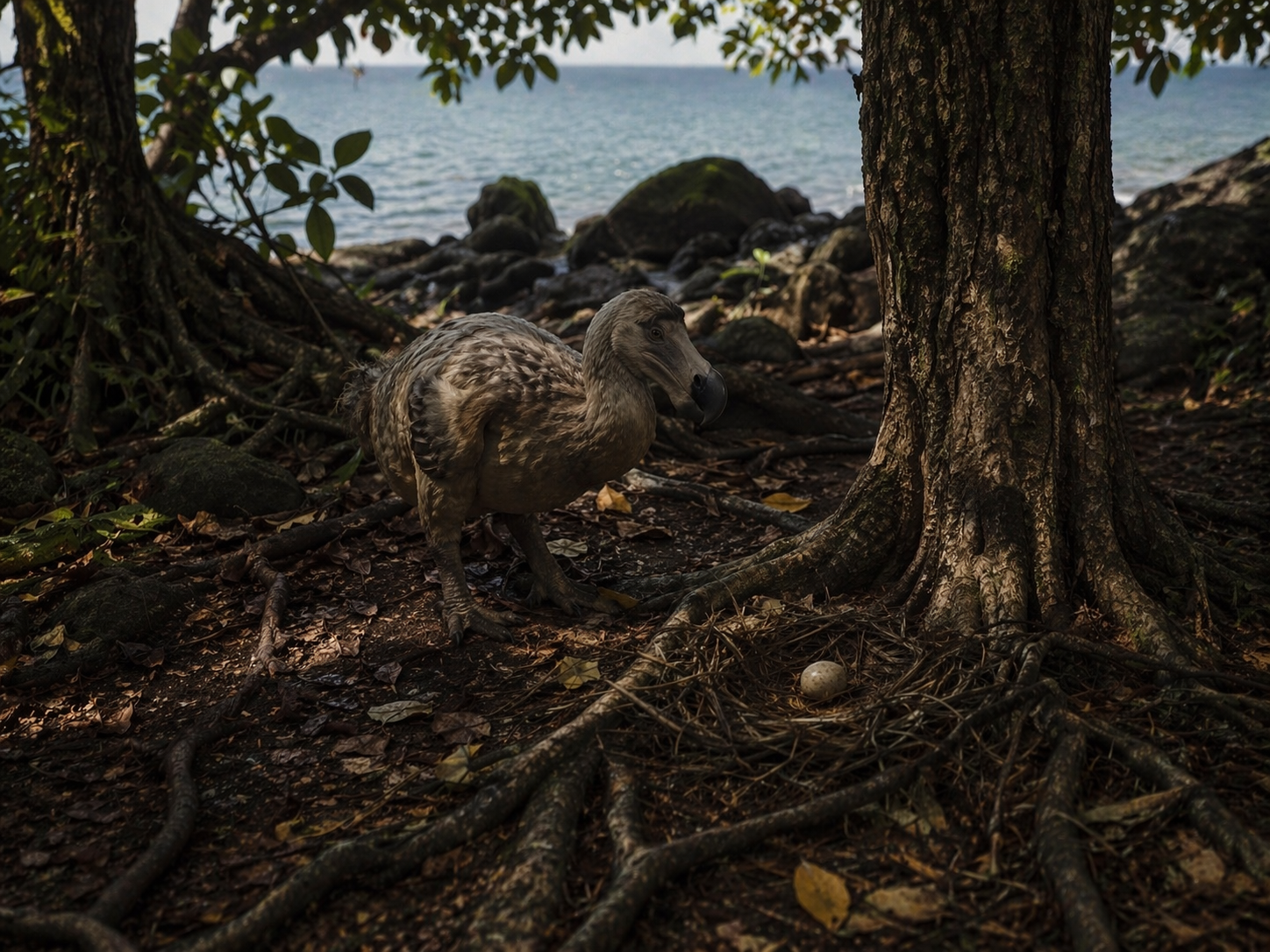 Reconstruction of a dodo tending a single egg in a ground nest near the Mauritian coastline