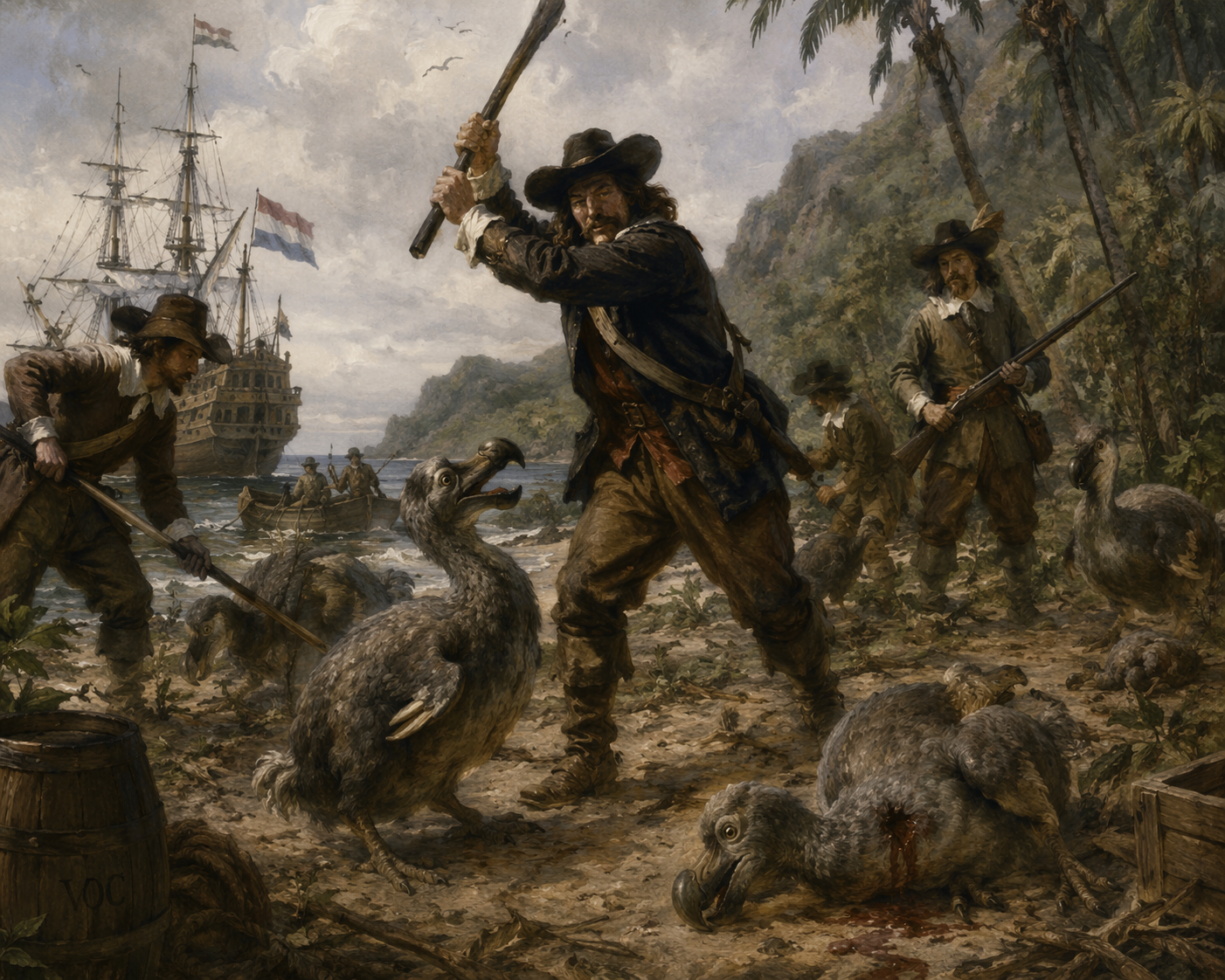 Dutch sailors hunting dodos on Mauritius, 17th century