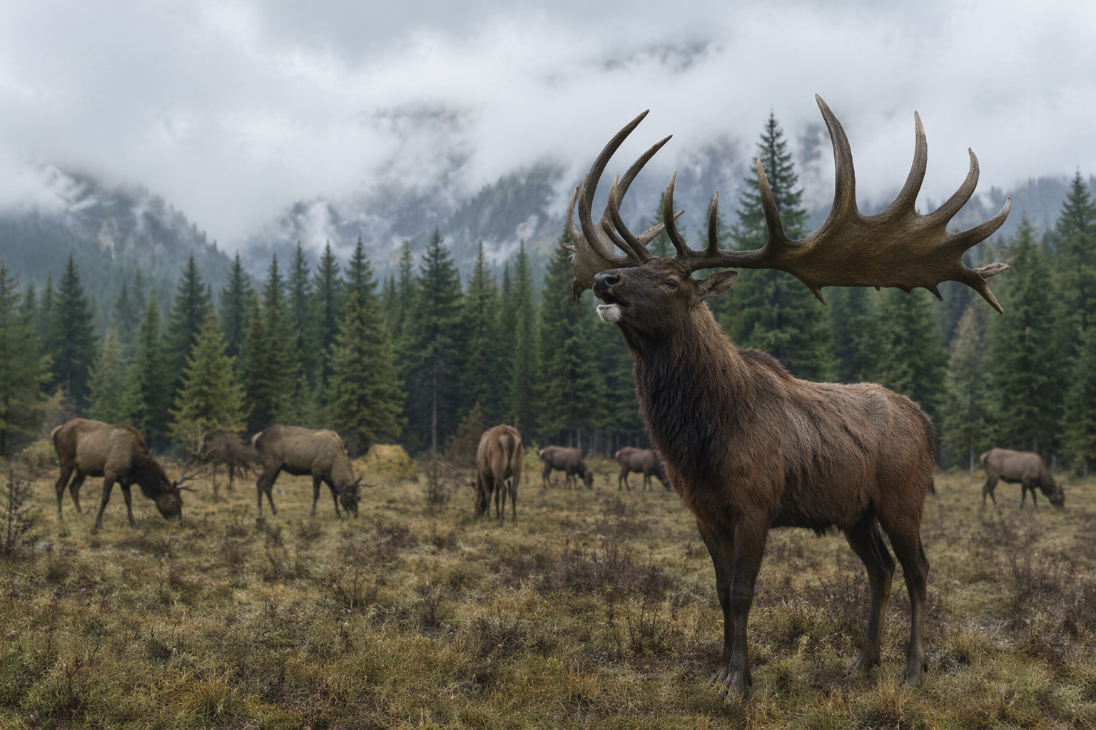 Bull elk with massive palmate antlers bugling before a herd in a misty mountain meadow