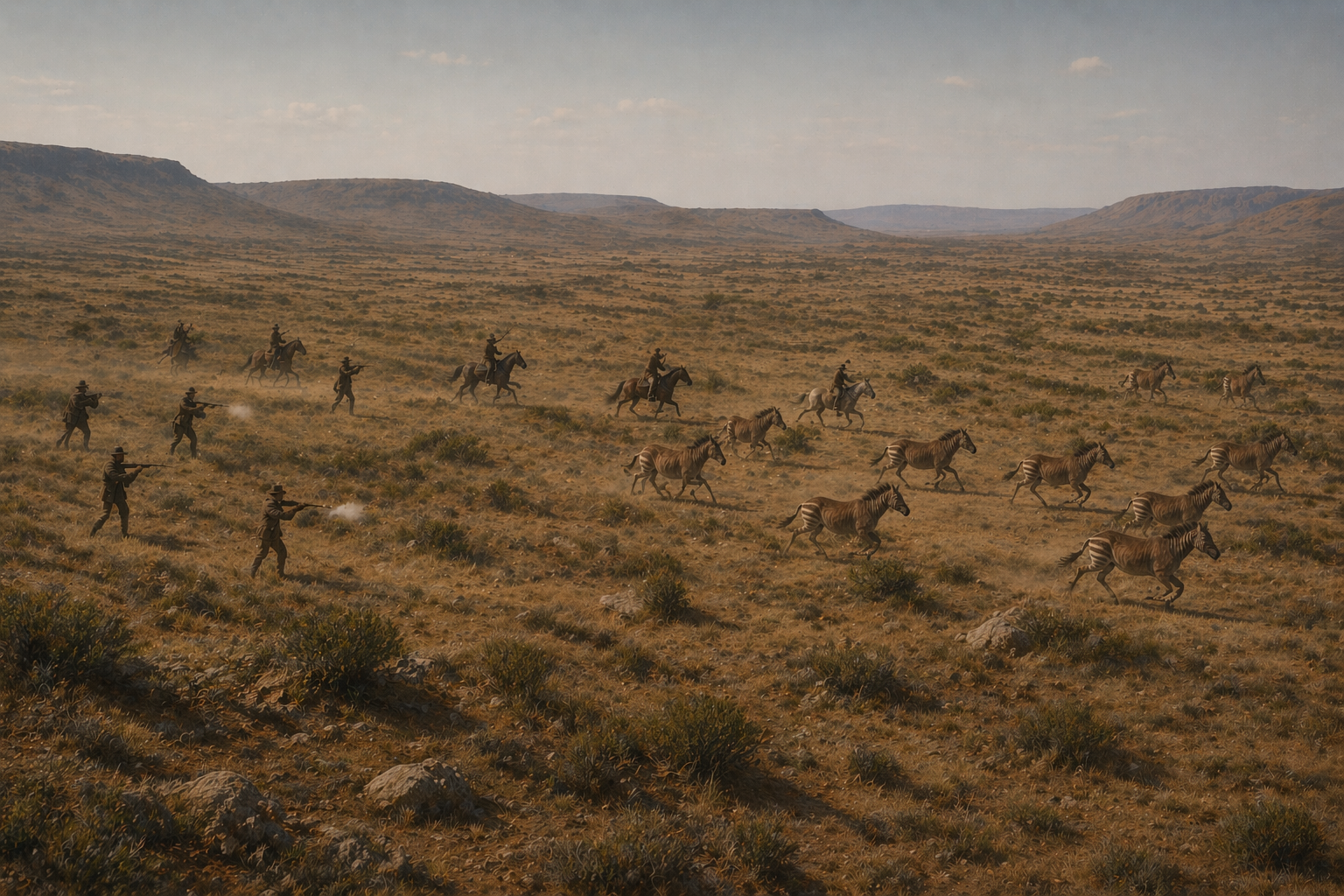 Depiction of colonial-era quagga hunting on the South African Karoo — hunters on horseback and on foot pursuing a running herd across open veld