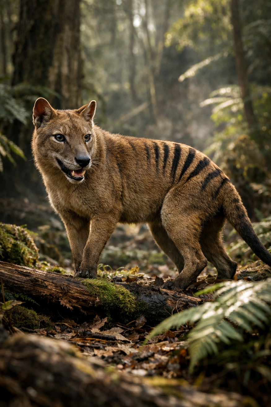 Reconstruction of a thylacine in Tasmanian forest