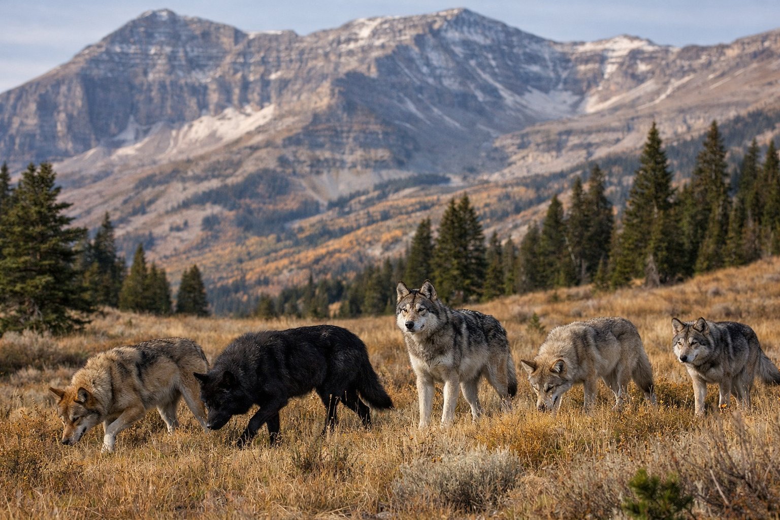 Wolf pack in mountain landscape
